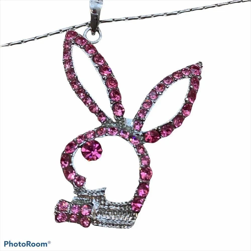 Brand New Pink Rhinestone PlayBoy Bunny Necklace